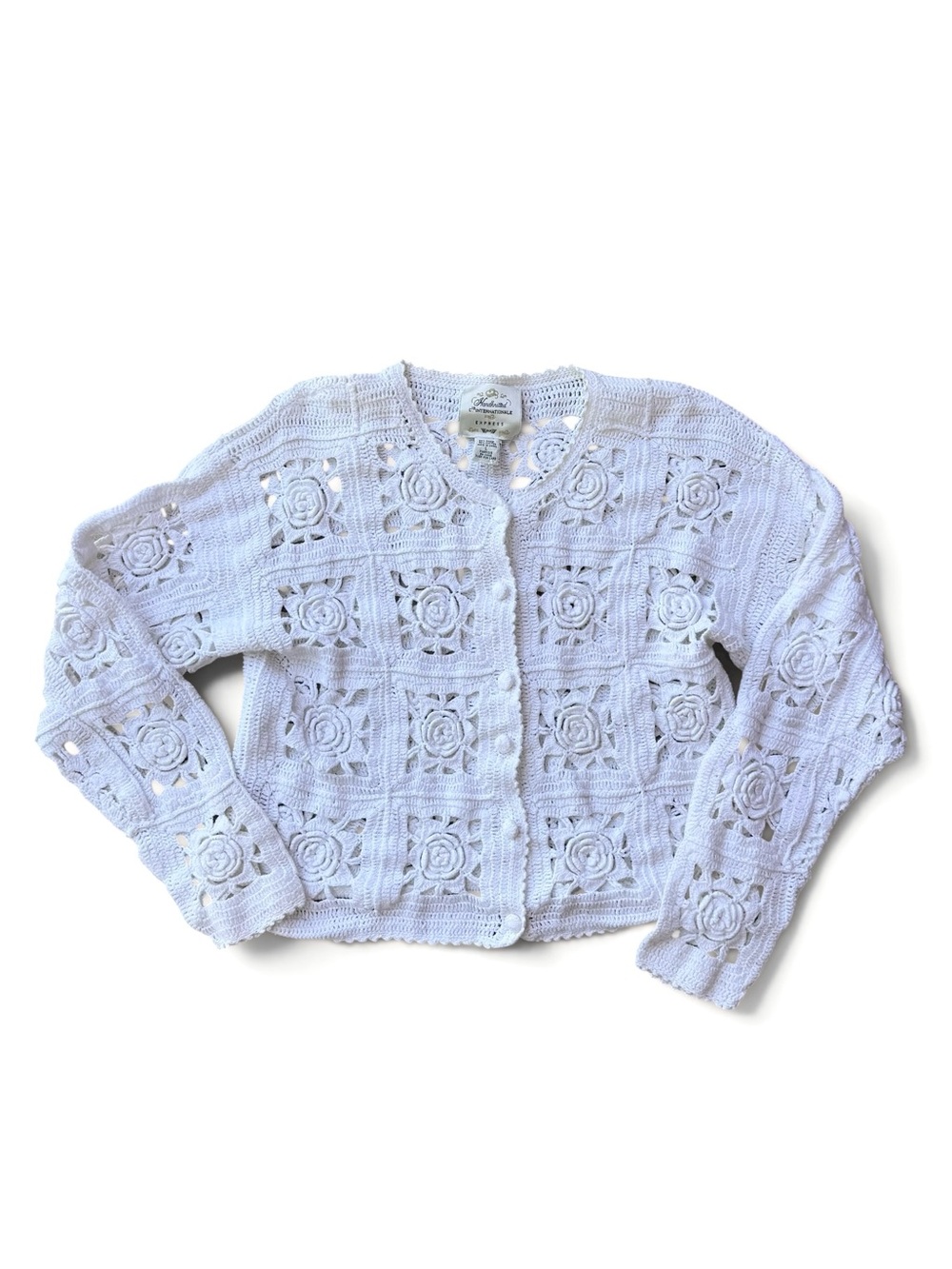 Vintage Hand Knitted Express White Crochet Rose Square Panel Cardigan Sweater